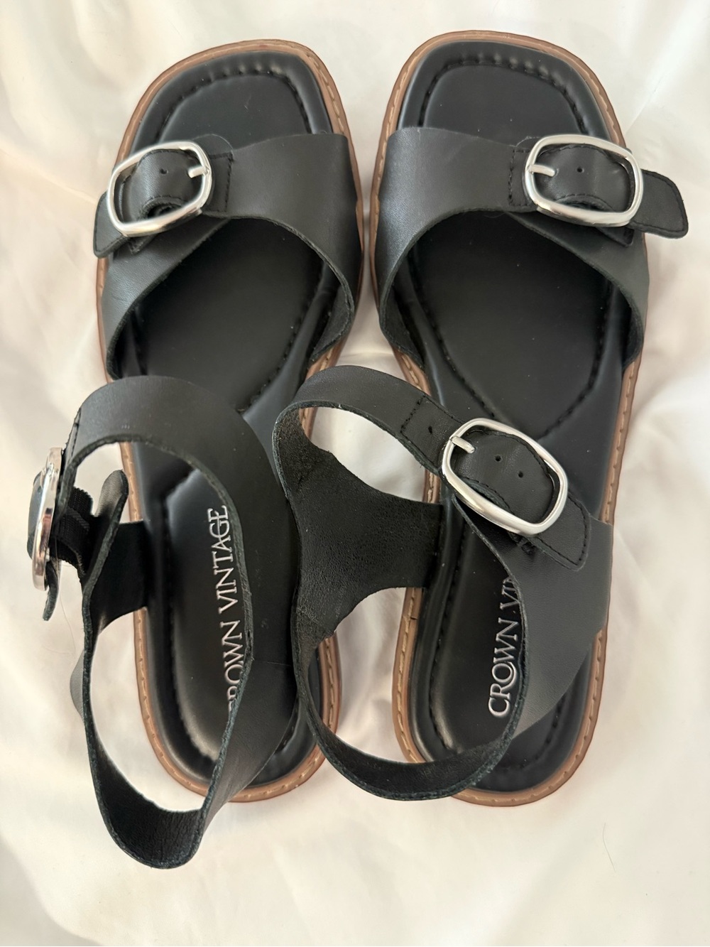 Crown Black Double-Buckle Women's Sandals with Brown Trim
